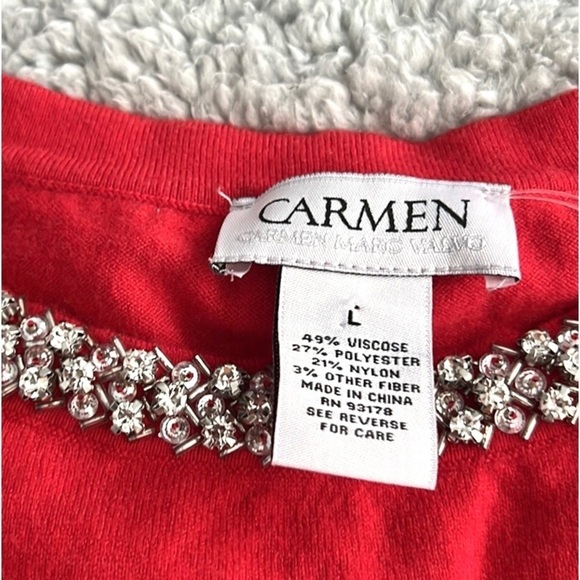 NWT Carmen Marc Valvo, Perfect Red, Soft Tunic w/Rhinestone Collar Embellishment - Picture 6 of 9